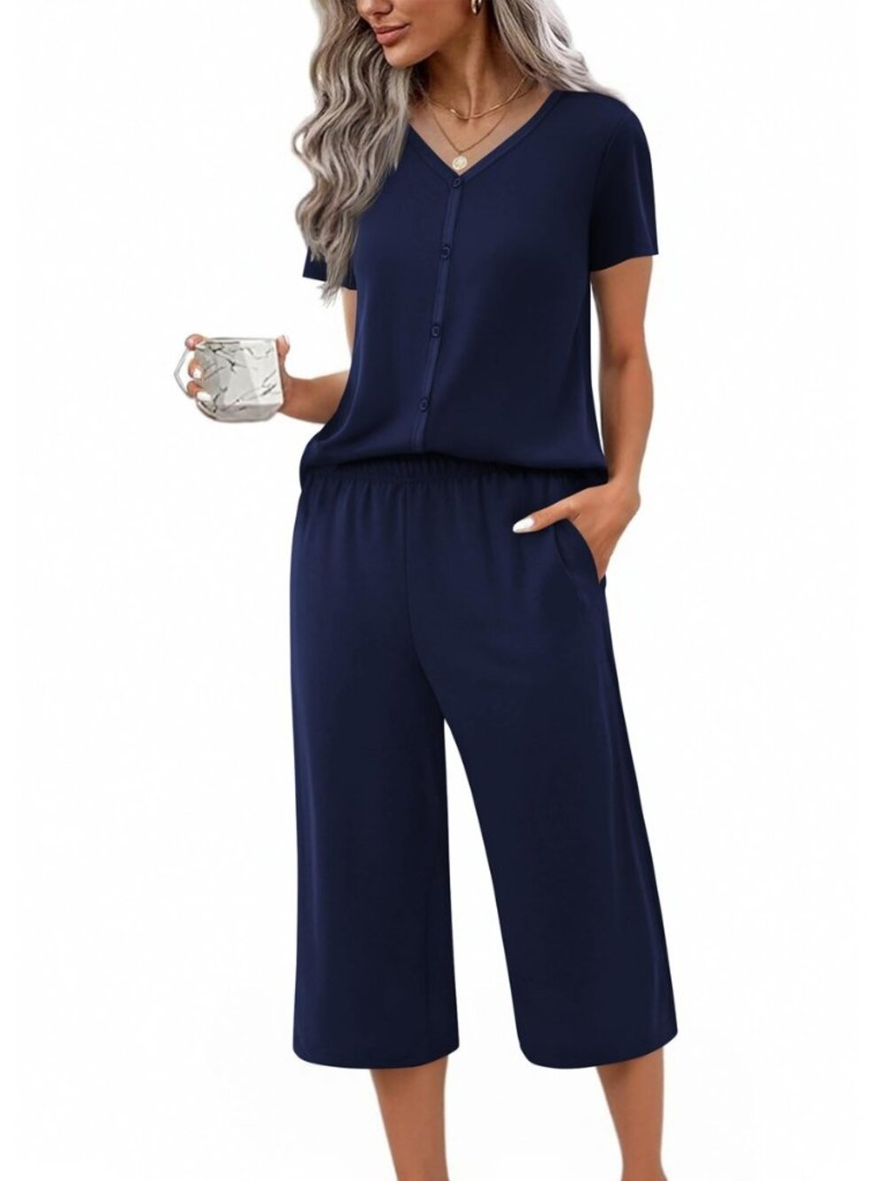 Women's Pajama Sets Short Sleeve Sleepwear Button Up Pj Loungewear Top and Capri